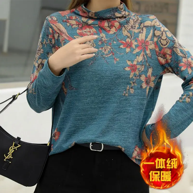 Women Vintage Floral Print Thick Warm Half High Collar Diamonds Basic T-shirt Autumn Winter Casual Loose Long Sleeve Ladies Tops