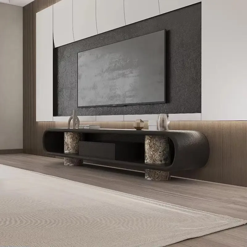 Modern Farmhouse Metal TV Stand with Natural Marble and Solid Wood Shelves for 55-59 Inch TVs Living Room Cabinet