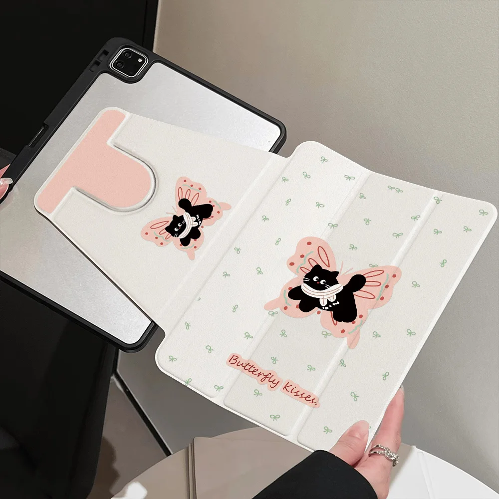 360° Rotatable Tri-Fold for Samsung Galaxy Tab S9 S10 FE A9 A11 S7 S8 Plus Painted Cover Cute Butterfly Kisses Black Cat Shell