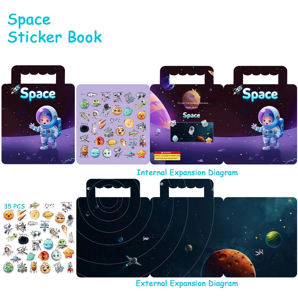 35pcs Space Sticker Book Reusable Cartoon Sticker Book For Kids Multiple Scenos DIY Puzzle Game Educational Learning Classic Toy