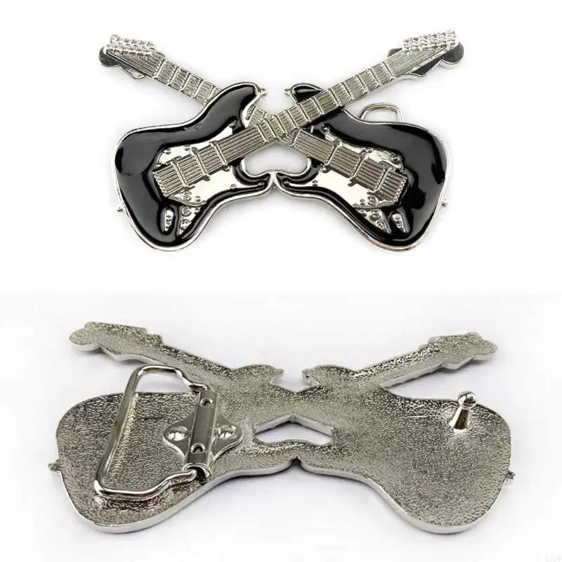 Hebilla cinturón R7UF Vintage con forma guitarra doble, hebilla cinturón Metal para adultos y adolescentes, hebilla