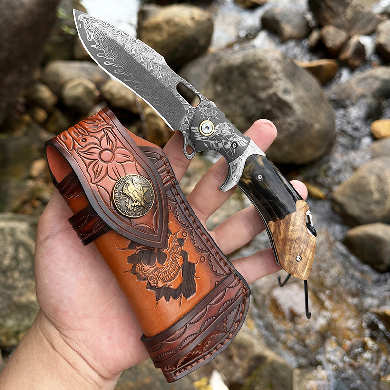 High-quality men's folding knife, Damascus steel folding knife, camping knife (with sheath), outdoor camping EDC utility knife