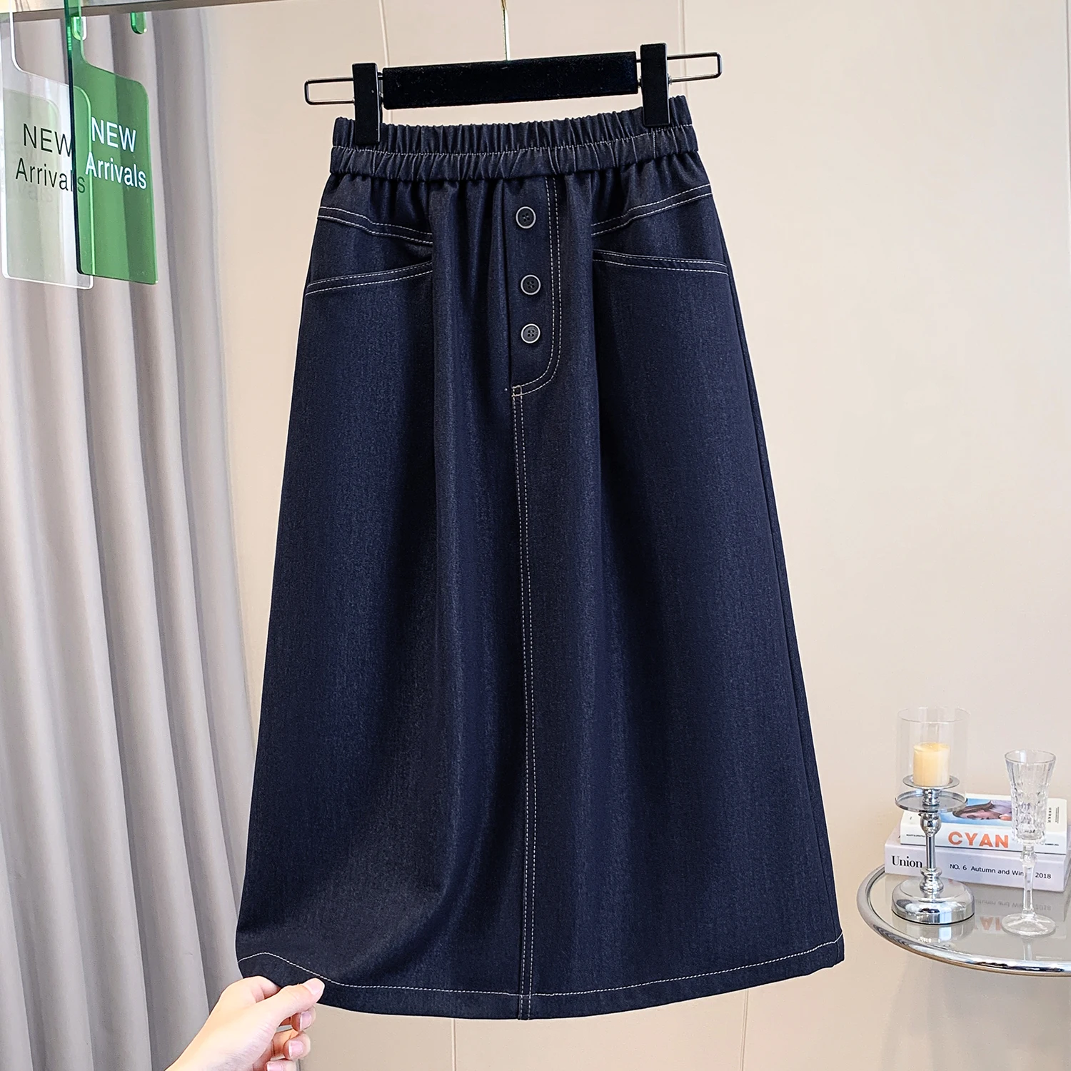 

Женская джинсовая юбка А-силуэта больших размеров, свободного кроя, с эластичным поясом, в корейском стиле, весна-лето, новинка, с эффектом похудения, повседневная, хлопковая