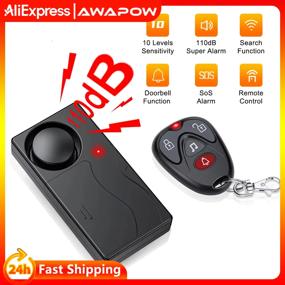 Awapow Anti-Theft Door And Window Alarm Home Bicycle Car Motorcycle Security Wireless Vibration Bike Sensor Remote Control 110dB