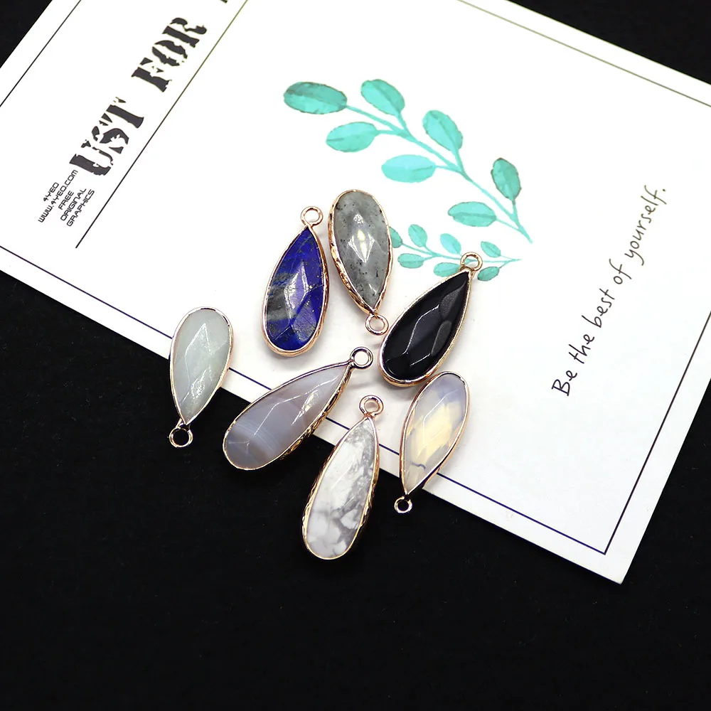 

Faceted Natural Stone Pendant 2 Pcs Water Drop Shaped Copper Inlay Lapis Lazuli Black Agate Jewelry Accessory for DIY Necklace