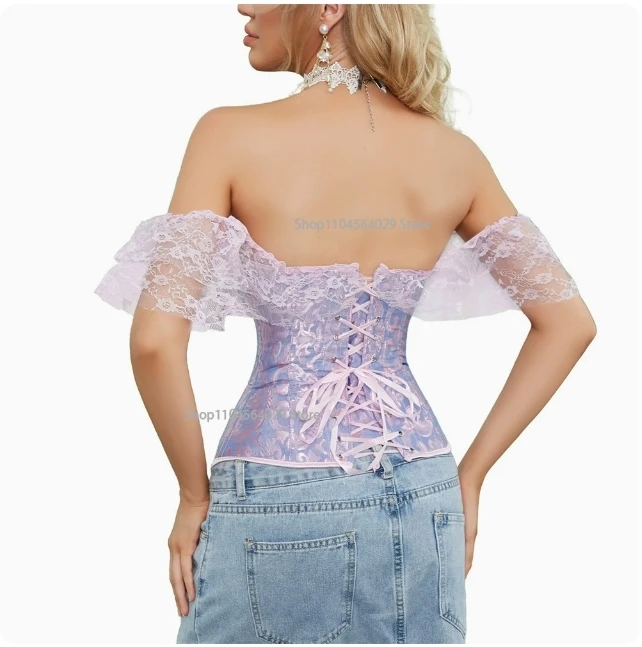 Steampunk Victorian Corset Women Short Sleeve Corset Solid Color Tie-up Boat Neck Close-fitting Crop Tops Cropped Plus Size