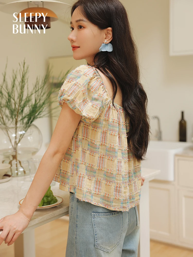 

Vintage Plaid Cotton Blouse for Women Summer Puff Sleeve Short Top Square Neck Retro Shirt with Cute Collarbone-Baring Design