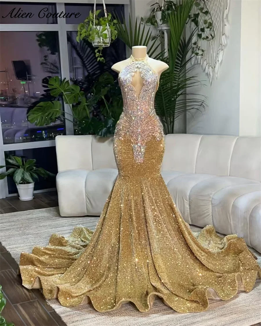 

Glitter Gold Long Prom Dress For Black Girls 2025 Halter Beads Crystals Sequins Gown Birthday Party Wedding Reception Customized