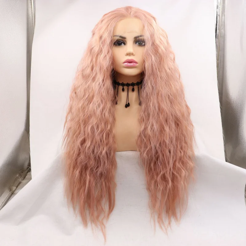 

Pink free-parting corn perm small afro long curly hair , hand-tied front lace synthetic fiber full wig