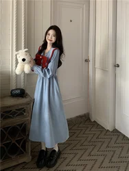 UMI MAO Long Sleeved Princess Style Dress Elegant Women's Autumn Winter 2024 Bow Corduroy Waist Slim Mid Length Dresses Femme