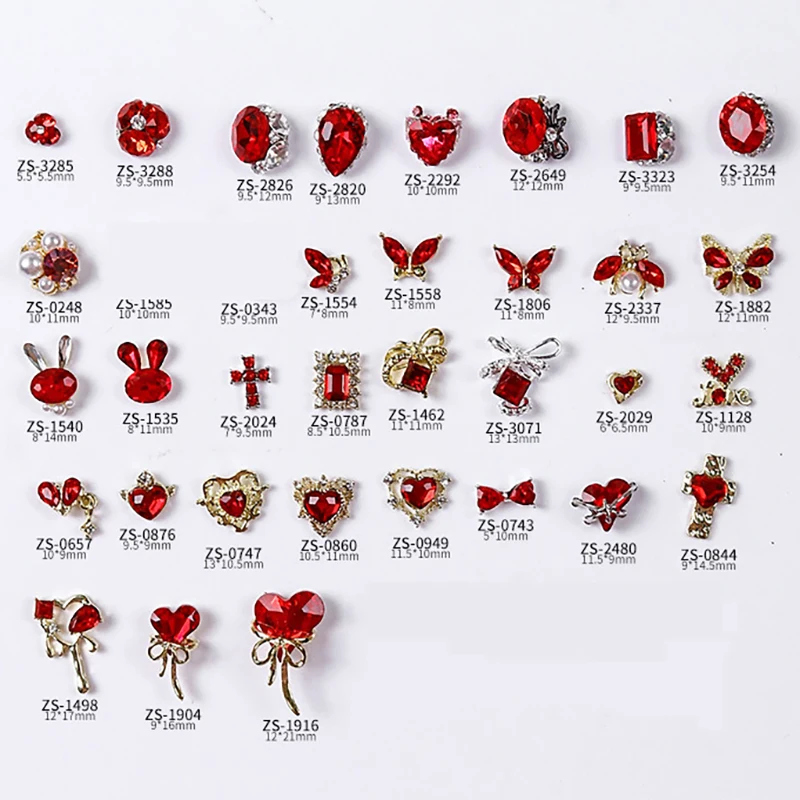 10PCS Luxury New Year Red Various Sparkle Diamonds Love Butterfly Bow Alloy Nail Rhinestones Decorations Manicure Joyful Charms