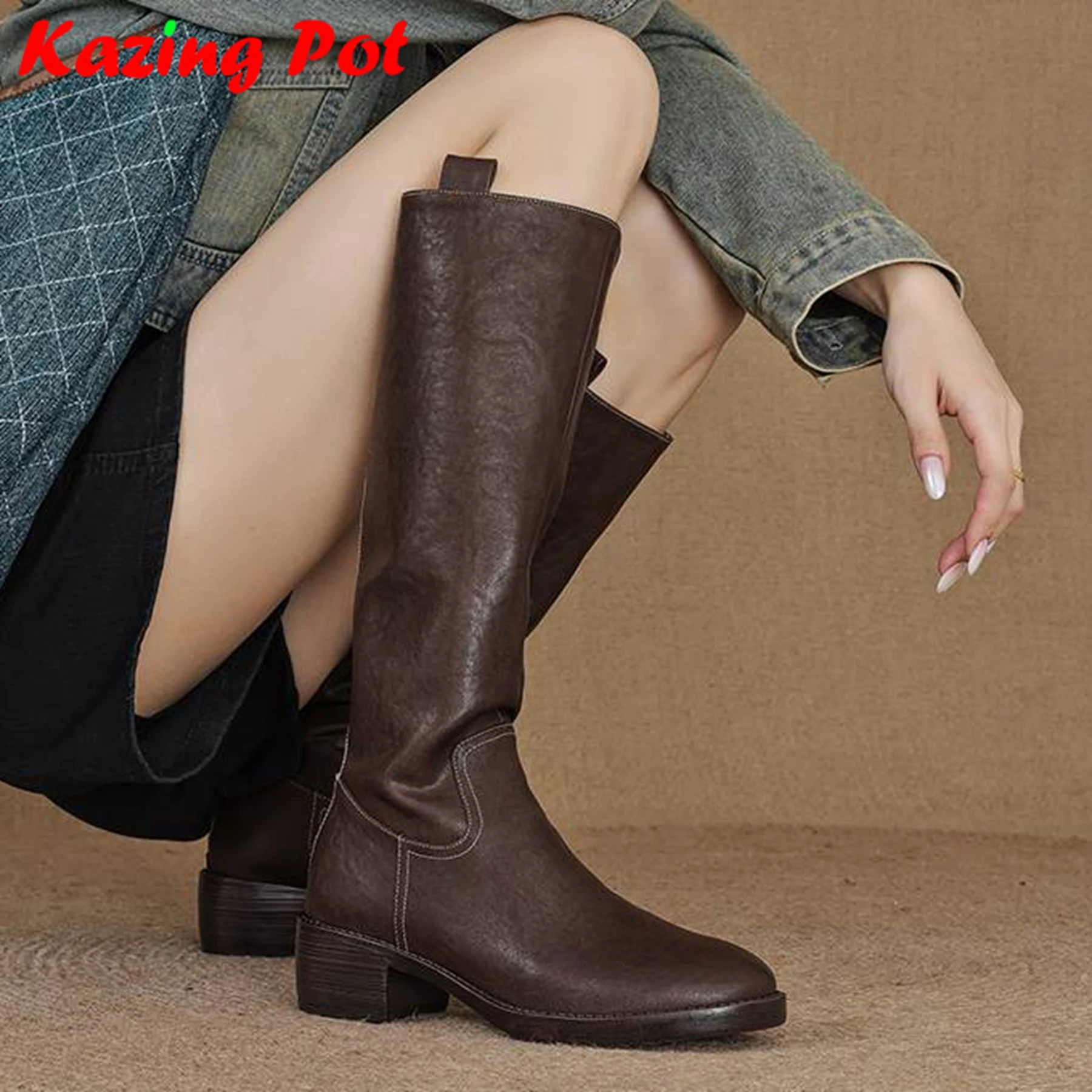 Krazing Pot Genuine Leather Round Toe Vintage Med Heels Equestrian Boots Winter Shoes Women Street Wear Slip On Thigh High Boots