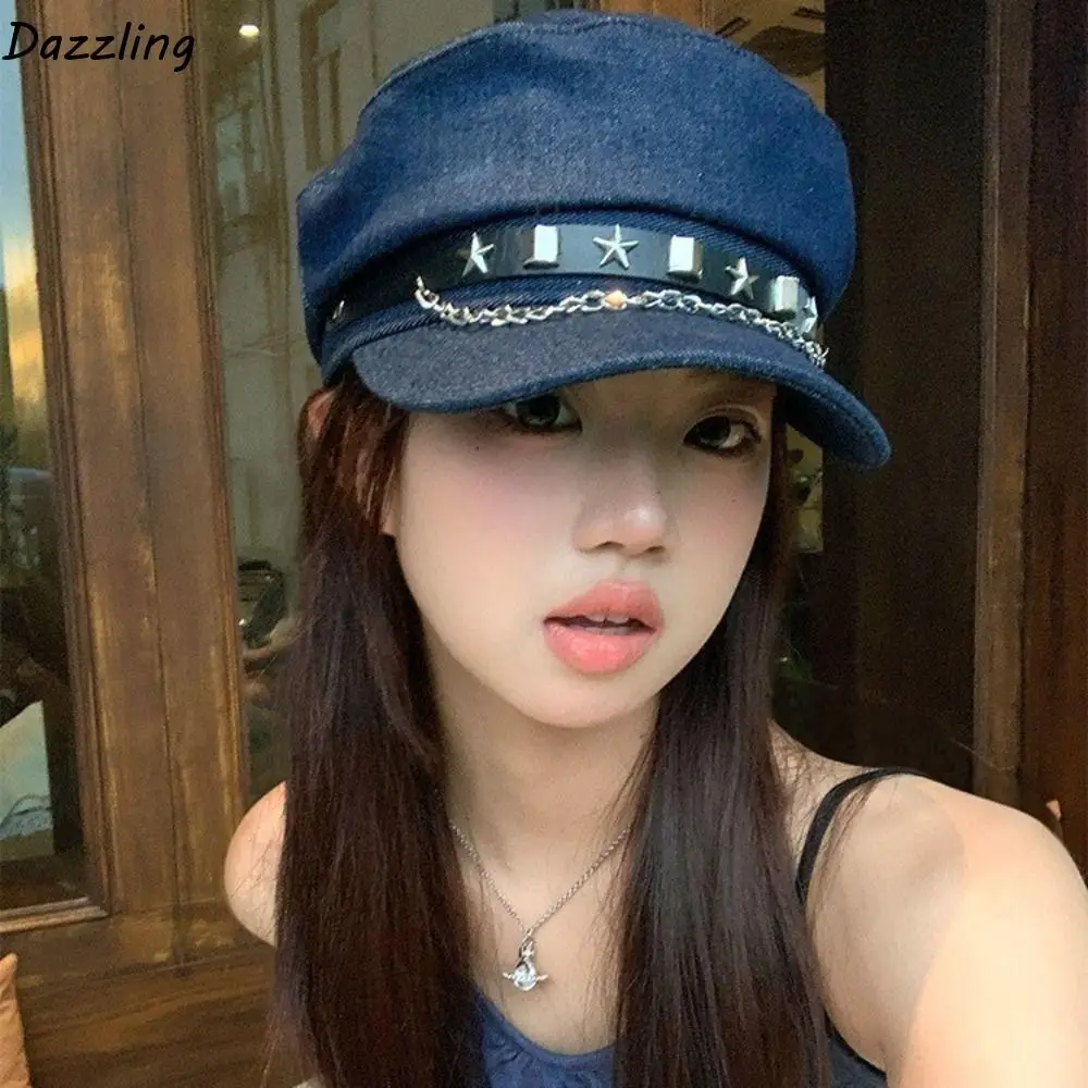 

Cloth Rivet Denim Beret Korean Style Newsboy Cap Denim Octagonal Hat British Style Artist Hat Retro Painter Hat Autumn