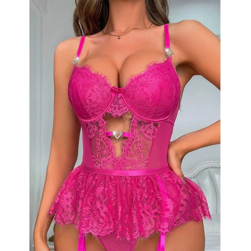 Sexy Underwire Bra Set Perspective Mesh Mini Skirt Lingerie Spaghetti Strap Nightdress Lace Bodysuit Women Sexy Costumes