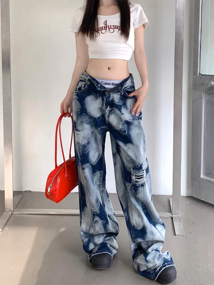 

2025 Осень Зима Женские широкие рваные джинсовые брюки Японский Tie Dye Y2K Мешковатые джинсы Harajuku Гранж Панк Ковбой Новинка 2000-х годов