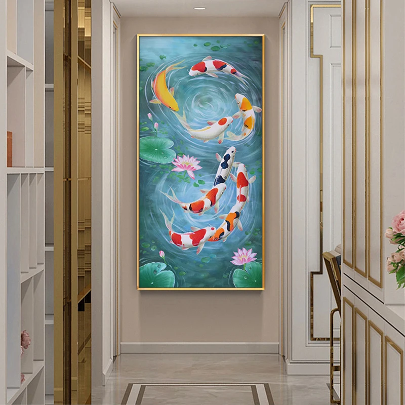 

Koi Fish Feng Shui Carp Lotus Pond Pictures Oil Painting on Canvas Posters and Prints Cuadros Wall Art Pictures For Living Room