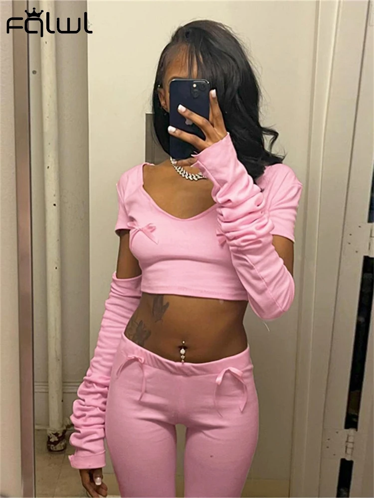 Habbris Autumn Pink Bows 2 Piece Set Casual Street Outfits For Women 2024V-Neck Long Sleeve Y2K Crop Tops And Pants Matching Set