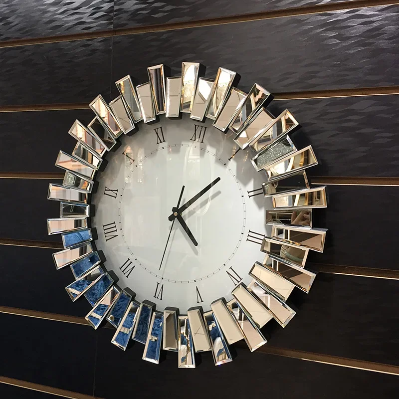 Light luxury, fashionable, silent glass mirror hanging clock, modern creative clock, living room porch wall decoration