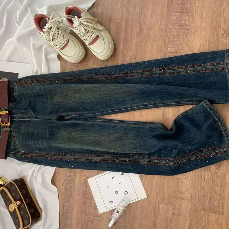 

Женские новые широкие джинсы с надписью Hot-Drilling, весенне-летние тонкие свободные драпированные джинсы с высокой талией, модные и свободные прямые джинсы