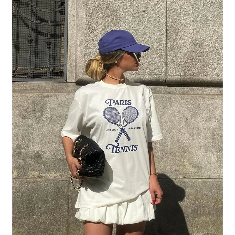 Retro Amerykański Sportowy Slogan Tenisowy Luźny Krój Damska Koszulka z Czystej Bawełny Okrągły Dekolt Letni Top