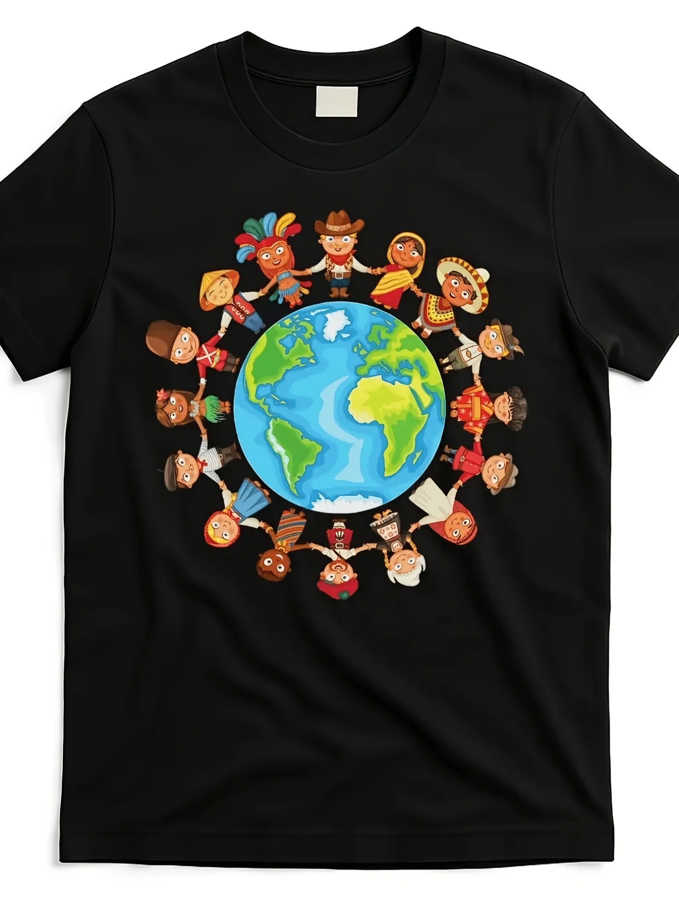 [Plus Size Short Sleeve Tshirt] Black Plus Size Short Sleeve Tee Featuring Colorful Planet Earth Graphic Illustrations of Culturally Diverse People Holding Hands Promoting Global Unity and Fretro Casual Short-Sleeved T-Shirt with a Round Neck