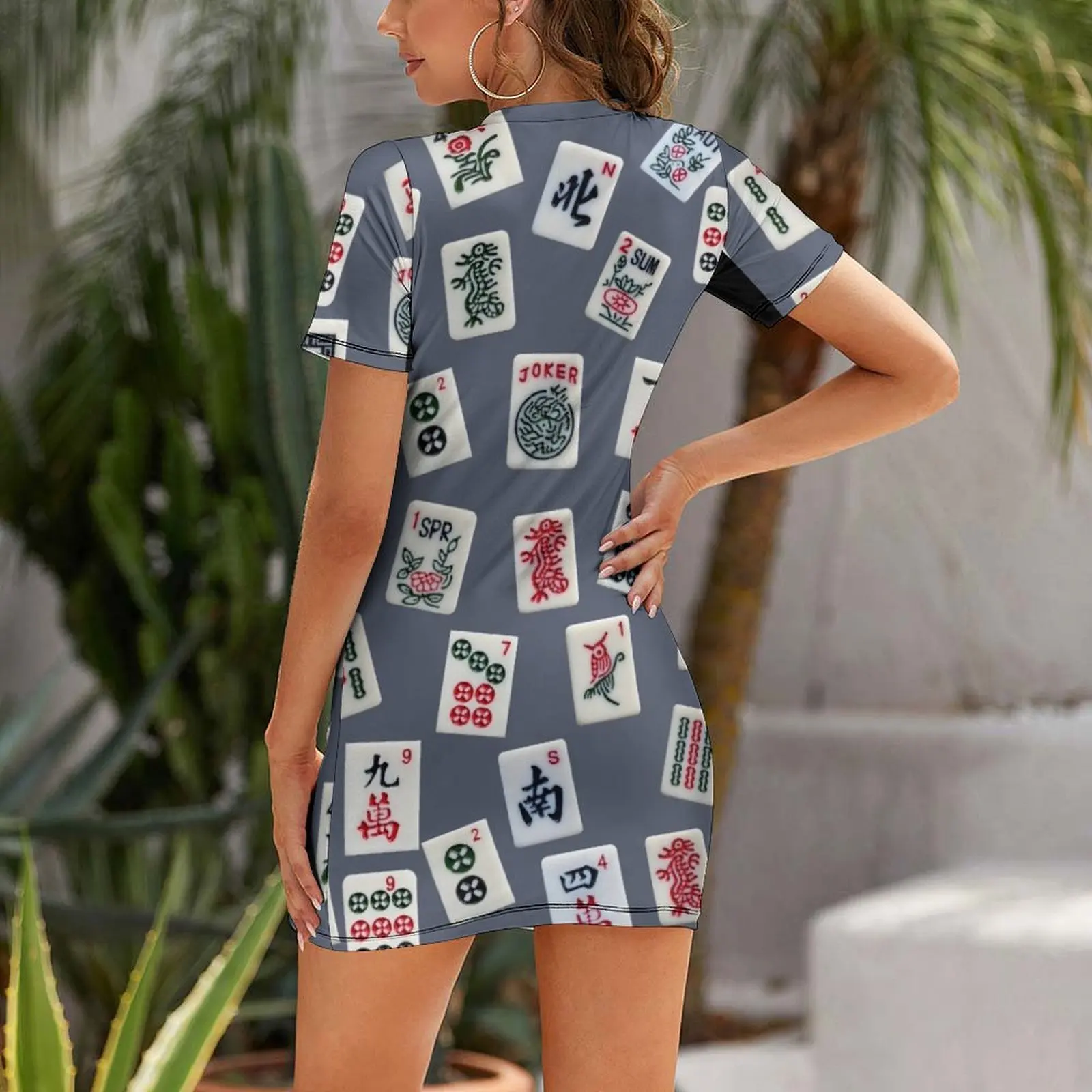 Mahjongg game tiles design on blue color Short Sleeved Dress summer dresses ceremony dresses Clothing female