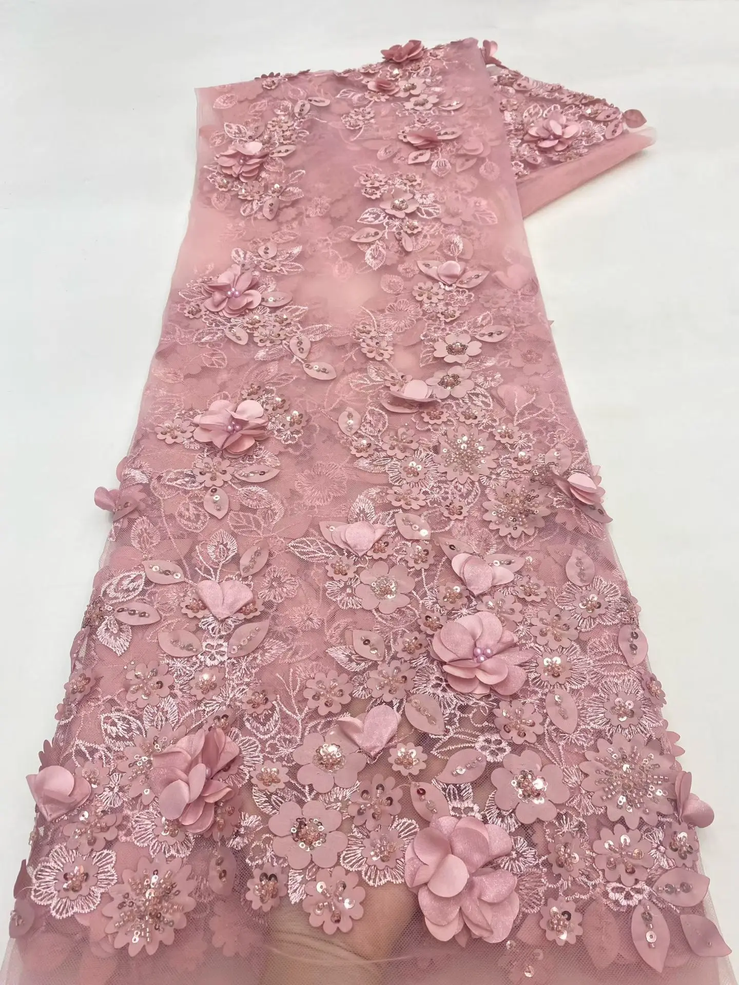African 3D Flower Lace Fabric 2026 High Quality French Mesh Beaded Lace Fabric Nigerian Sequins Lace Fabrics For Wedding Dress view 6