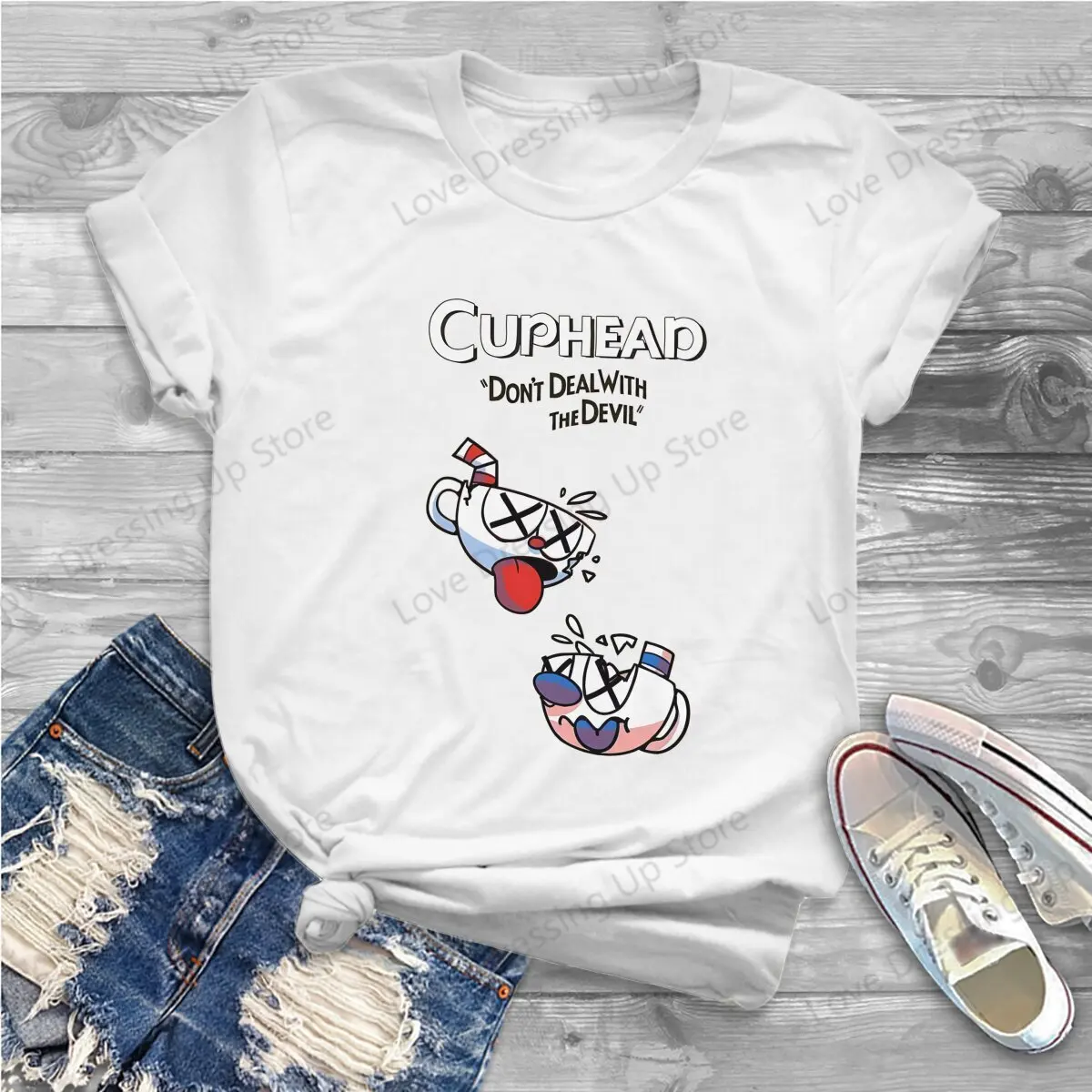 Cuphead Mugman Dont Deal With The Devil Vintage O Neck TShirt  High Quality LooseWoman's Tops Unique Summer Women's clothing