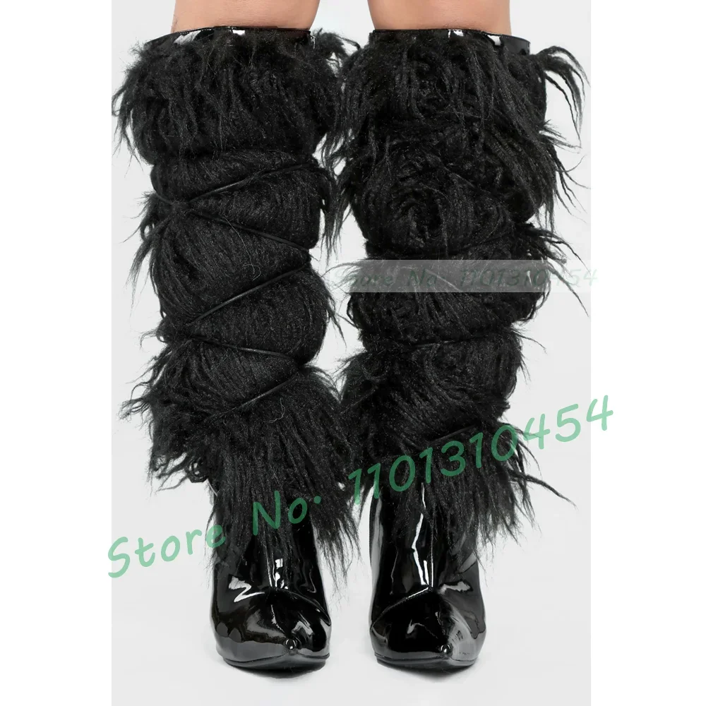 Yellow Curly Fur Knee-high Boots Women Fashion Warm Furry Winter Pointy High Heels Shoes Sexy Cross-tied Glossy Patent Boots