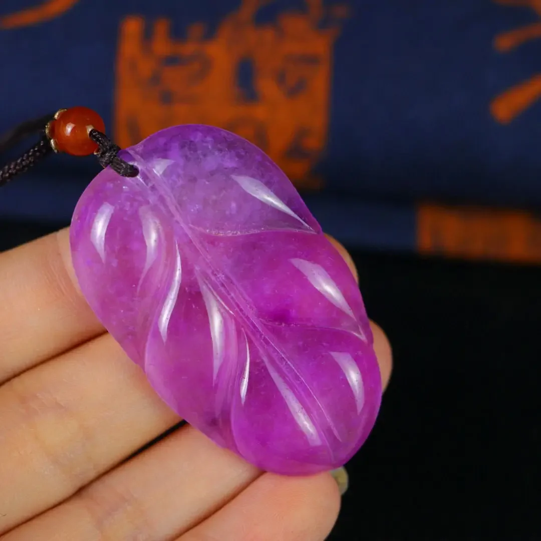 

New genuine ice violet jadeite carved gold branches jade leaves jade pendant women's pendant wearing fashion