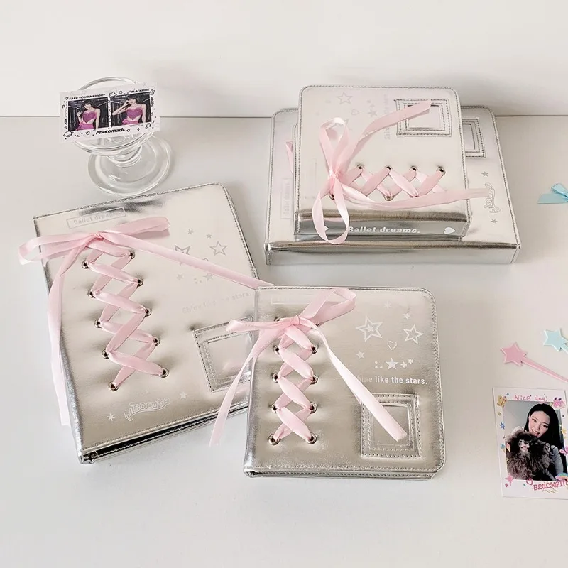 Silver Leather Binder Photo Album 3 Inch Pocket Storage Book for Polaroid Pictures Kpop Photocard Holder Student Collectible