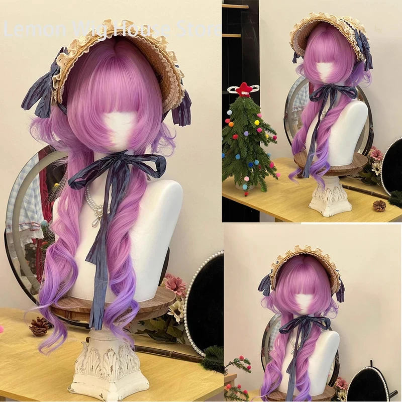 

ABC123Double Ponytail Long Curly Cosplay with Bangs Cute Lolita Wigs for Women Party Synthetic Hair Wig Heat 3;b,6/k'5;