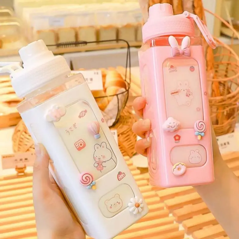 Cute Water Bottle With Sticker 700/900ml Plastic BPA Free Milk Cup Portable Travel Juice Mug Sports Drinking Kettle Kawaii Gift