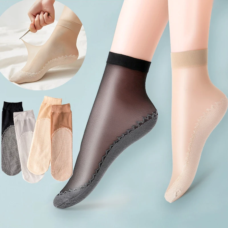 5 paires de chaussettes en soie Anti-accroc pour femmes, chaussettes d'été transparentes, semelle en coton, antidérapantes, sans couture, fines, en Nylon, chaussettes élastiques respirantes