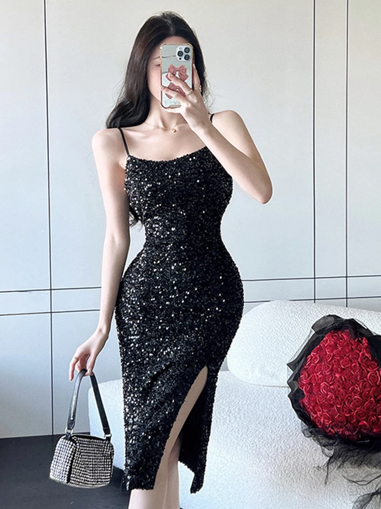 Elegant Luxury Prom Dresses Women Sexy Black Sparkly Bright Sequin Strap Bodycon Slit Robe Evening Party Club Birthday Vestidos