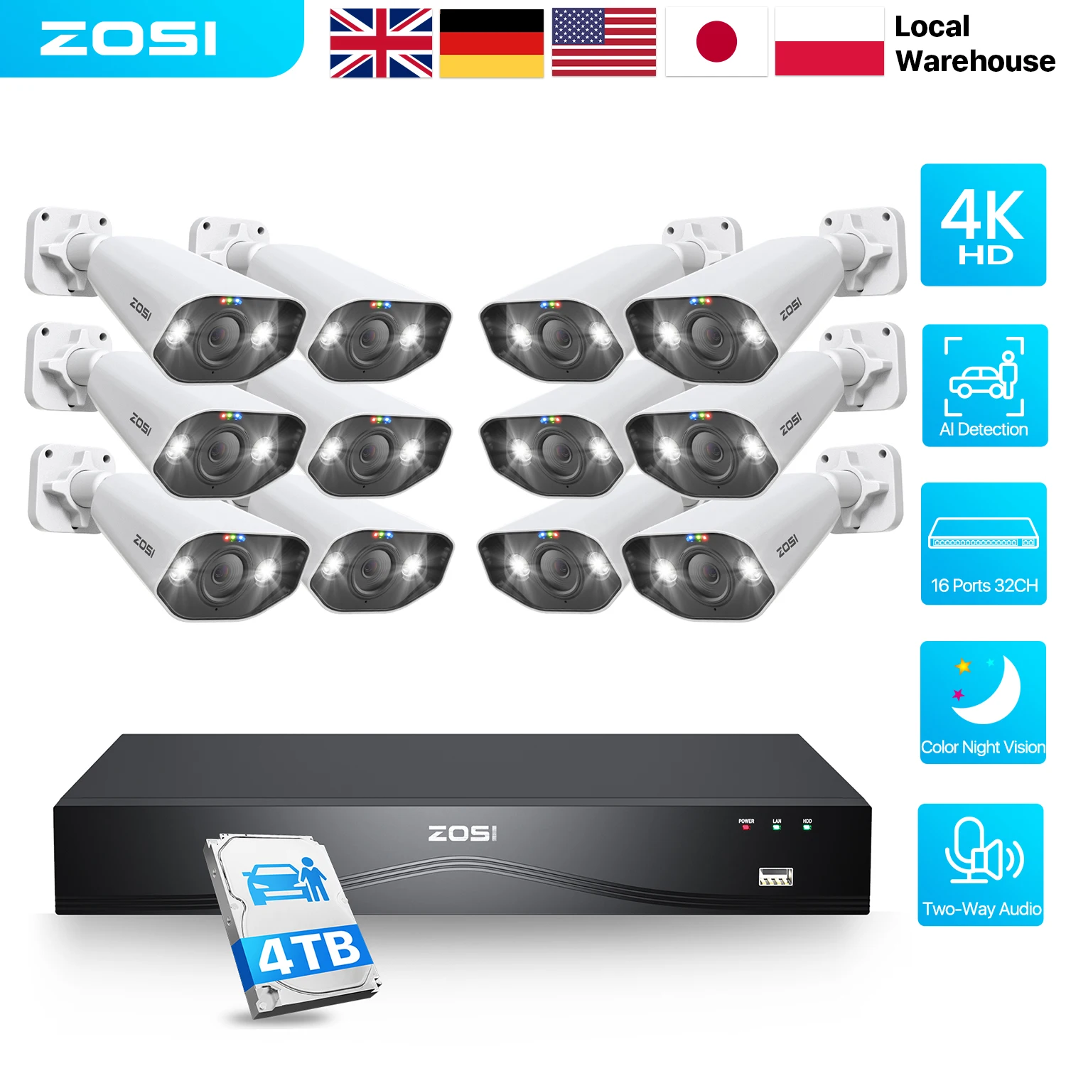 ZOSI 16CH 4K PoE CCTV Security Camera Full System 16 Port 32CH Dual-Disk NVR 8MP Outdoor Home Business Video Surveillance Kit