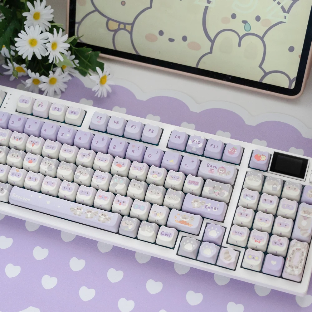 141 klawiszy Raccoon Team Cute Cat Head Keycaps MAO Profile PBT Thermal Sublimation Mechanical Keyboard Caps Lilac Purple Meow Keycap