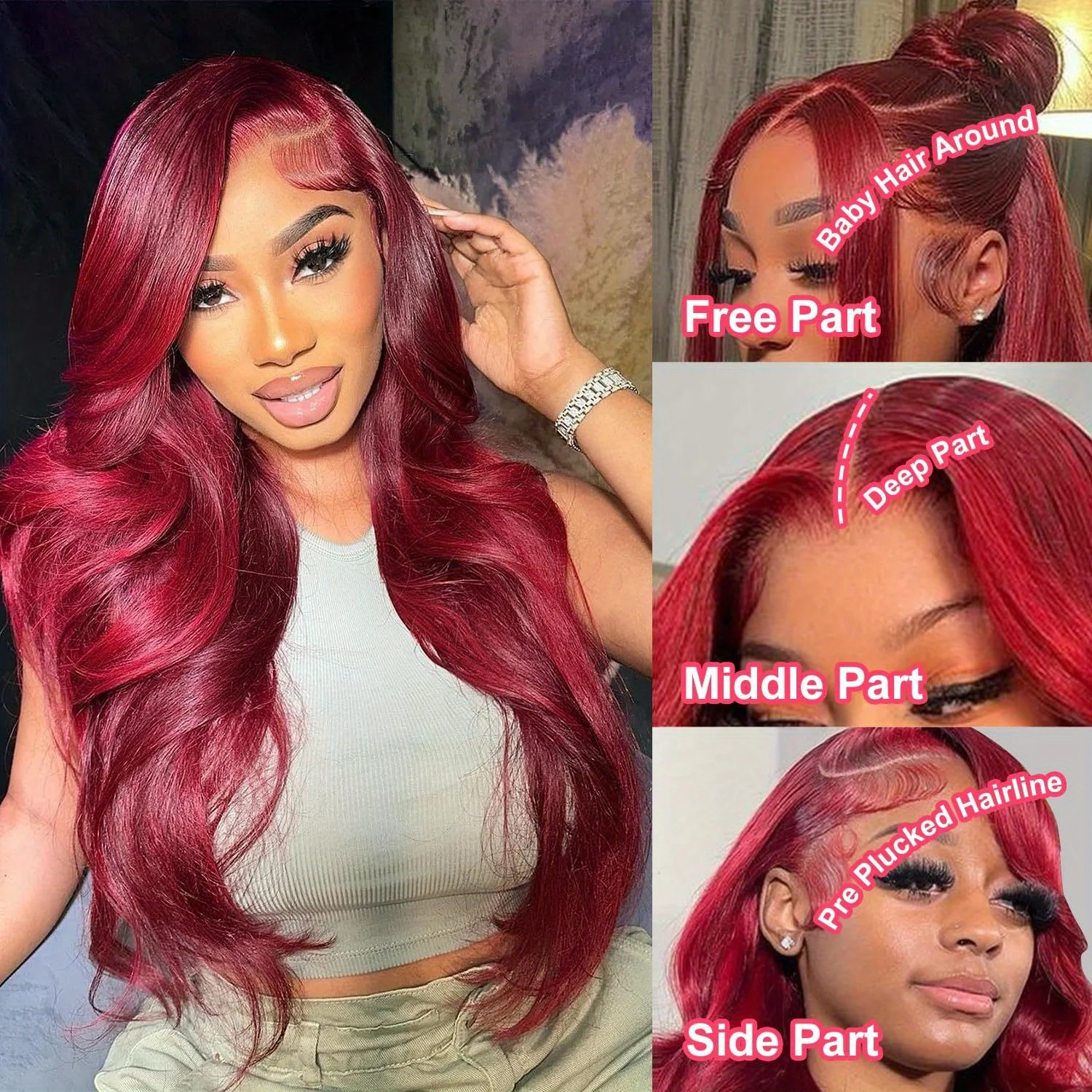 

30Inch 99j Burgundy 13x4 Body Wave Lace Front Wigs Human Hair 200% Density HD Transparent Lace Frontal Wigs Human Hair