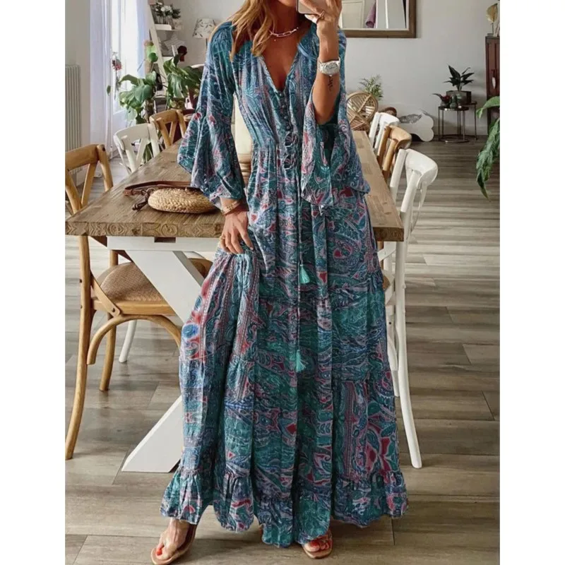 Robe longue de style bohème pour femme, imprimé floral fragmenté, manches évasées, col en V, taille haute, rétro, mode automne
