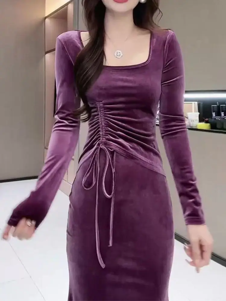 2025 primavera outono feminino fino gola quadrada shirrings roxo veludo trompete vestido, mulher feminina sereia vestidos longos de veludo