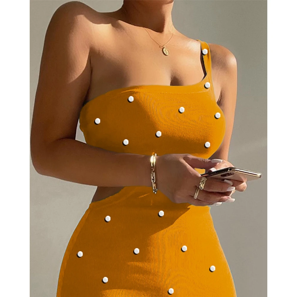 2024 Summer Women Beaded Decor One Shoulder Cutout Bodycon Yellow Dress Femme Maxi Ribbed Party Elegant Dress Lady Outfits