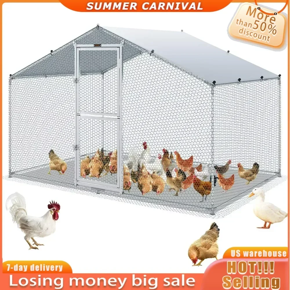 

Large Metal Chicken Coop with Run, Walkin Poultry Cage for Yard with Waterproof Cover, 6.6x9.8x6.6 ft Peaked Roof for Hen House