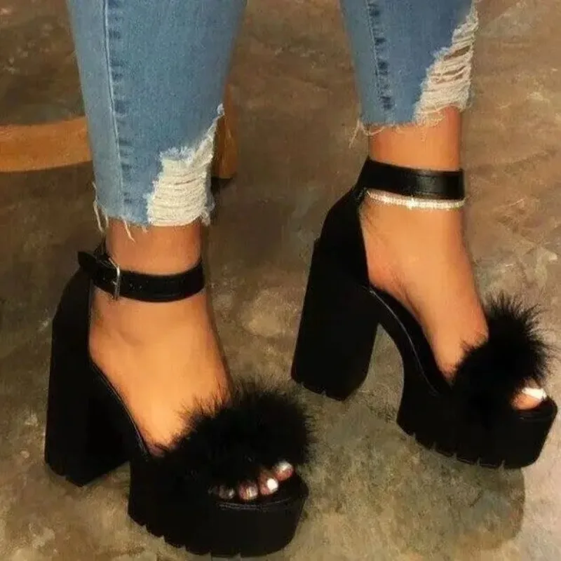 2025 New Women Heeled Sandals Colorful Fluffy Heels for Ladies Fashion Buckle Luxury Designer Shoes for Women Sandalias De Mujer