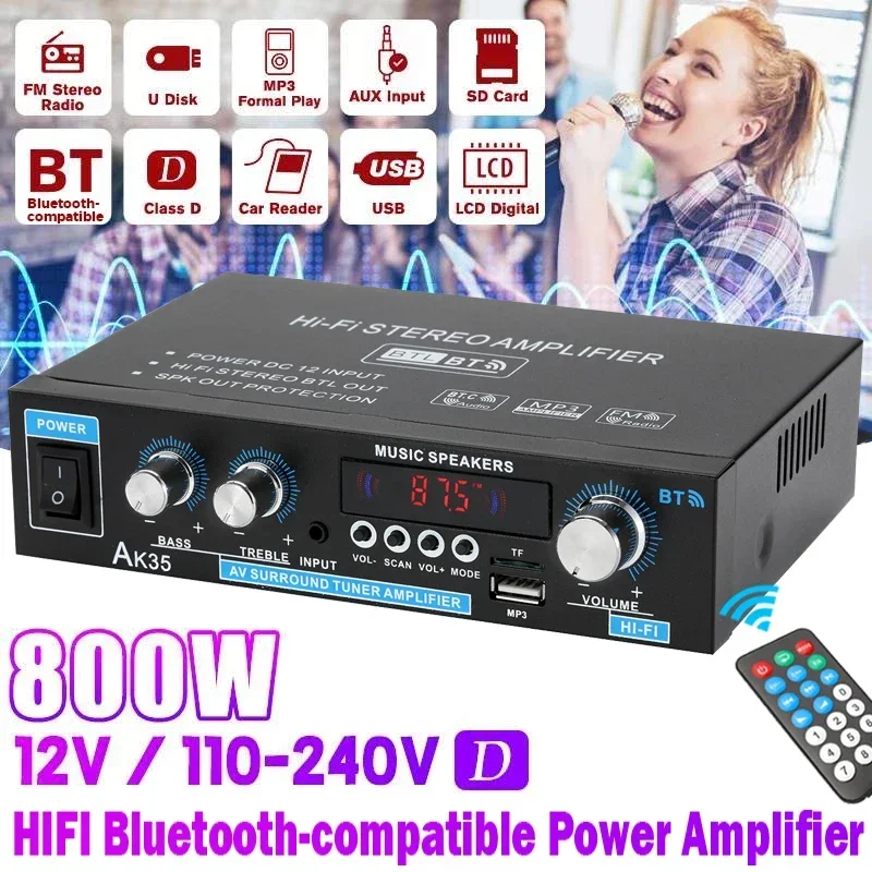 800W Home Car Amplifiers 2 Channel Bluetooth 5.0 Surround Sound FM USB Remote Control Mini HIFI Digital Amplifier AK35