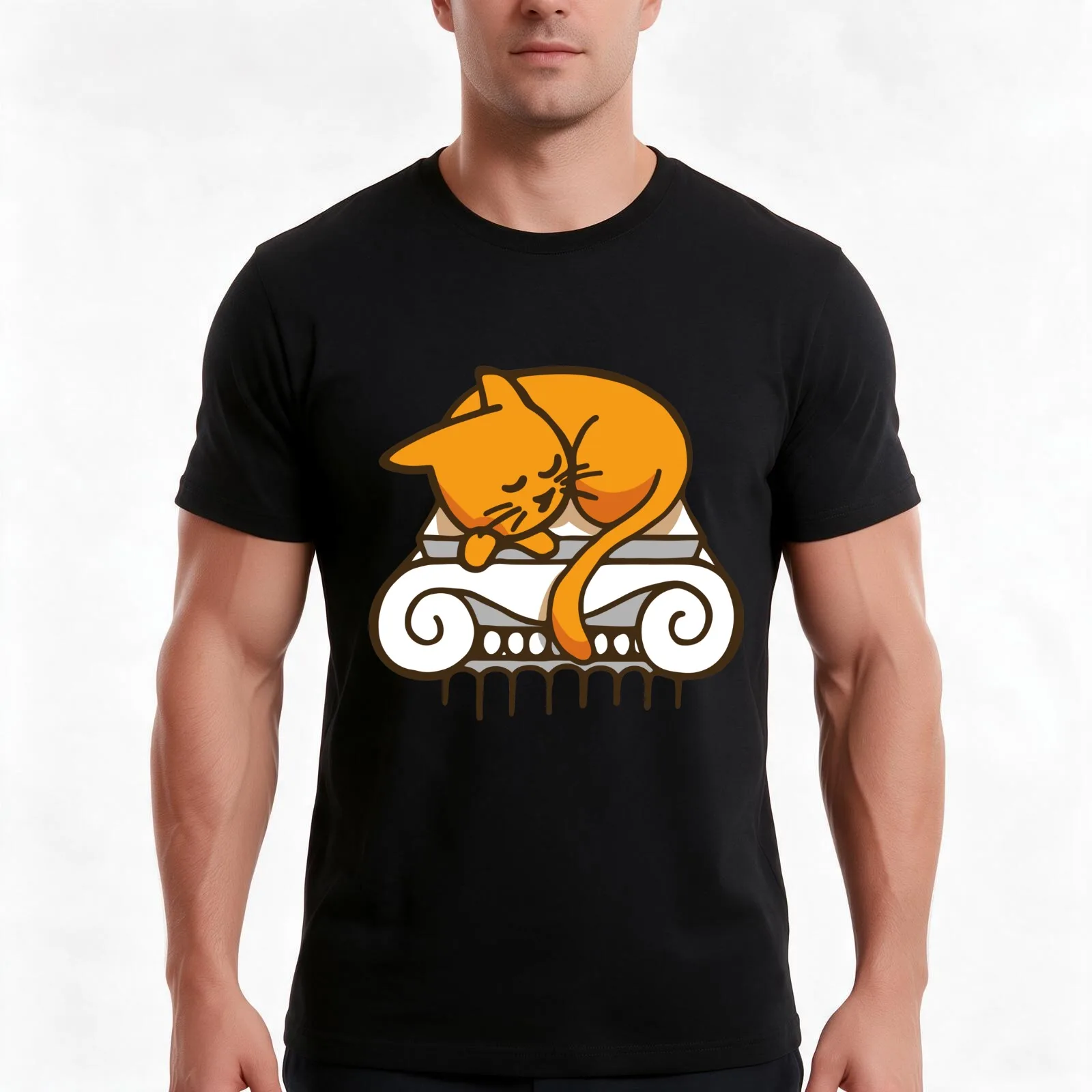 Greek Cat T-Shirt, Summer Casual Cotton Tee, Oversized Streetwear Tops, Vintage Graphic Print, Loose Fit Short Sleeve