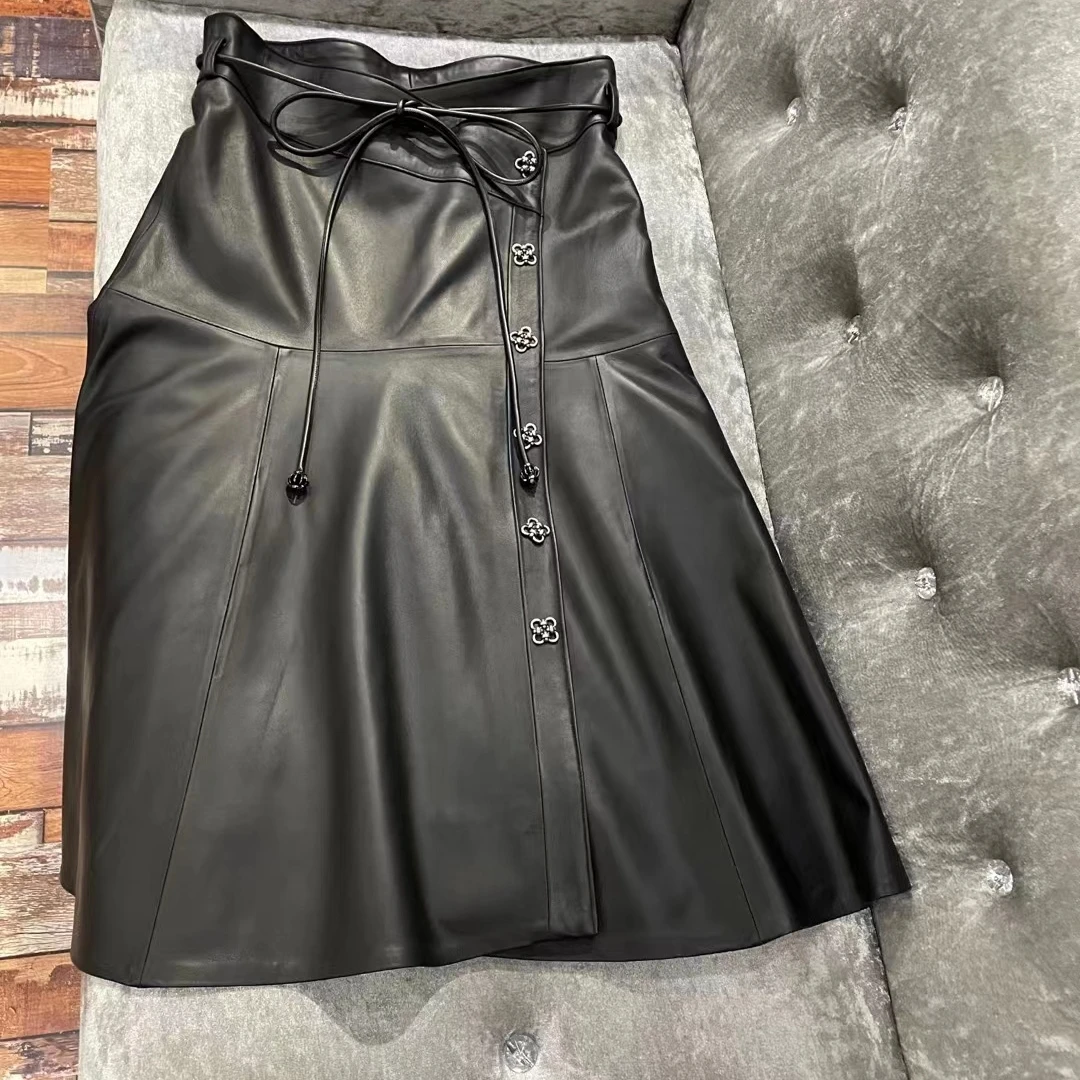 Gothic Skirt Women 2023 New European Streetwear Genuine Leather Pearl Buttons Tie Asymmetrical Umbrella Saias 70cm Long Faldas