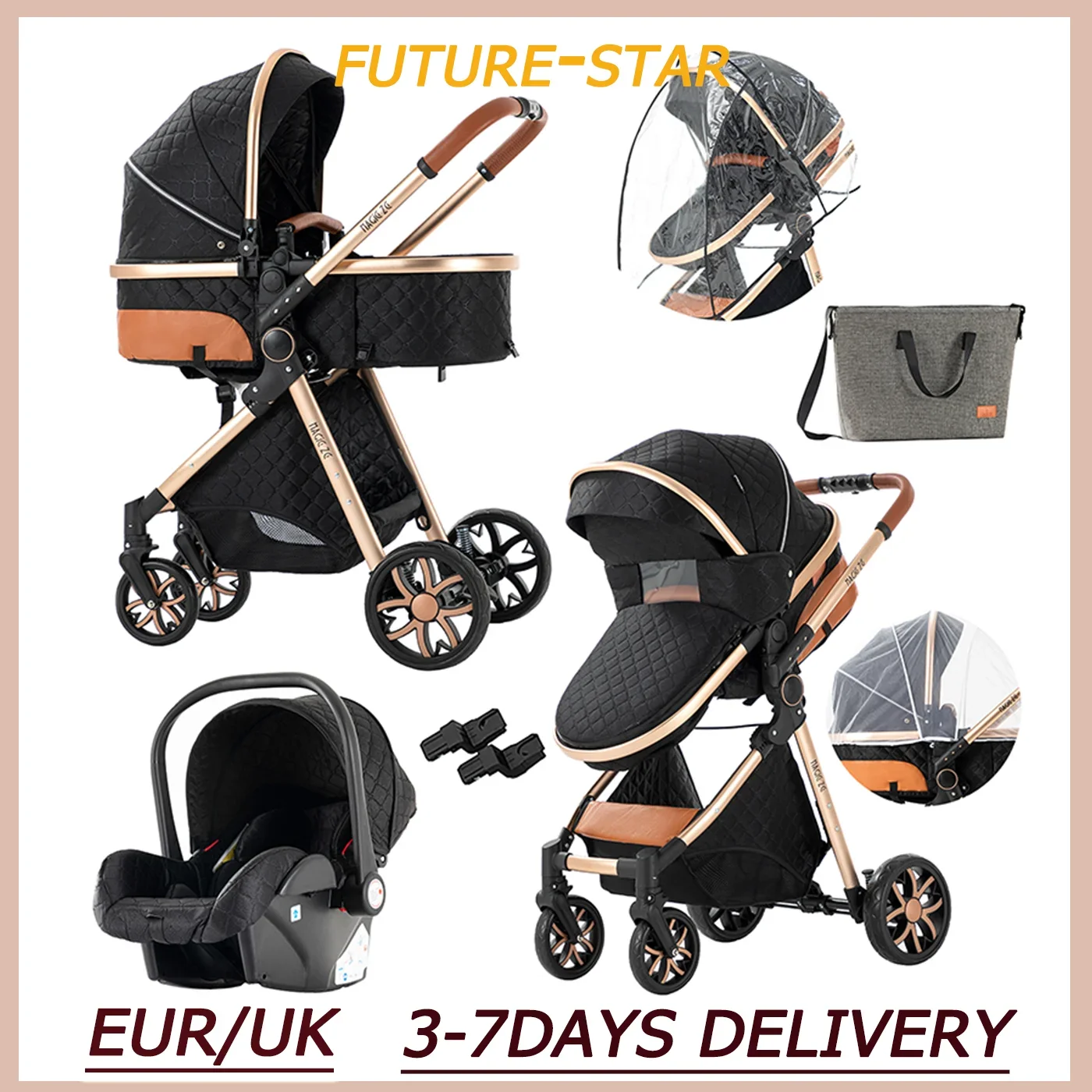 Baby stroller 3 in 1Baby Carriage 3 IN 1 Portable Travel Pram Baby Stroller Baby Carriage Cram High landscape   luxury Stroller