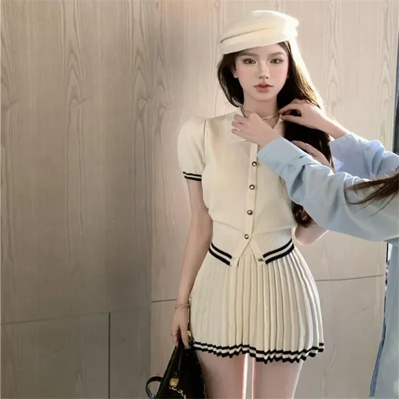 New Summer JK Girl Fashion Apricot 2 Piece Sets BM Academy Style Knit Short Shirt Cardigan&Pleated Mini Skirt 2PC Dress Suits