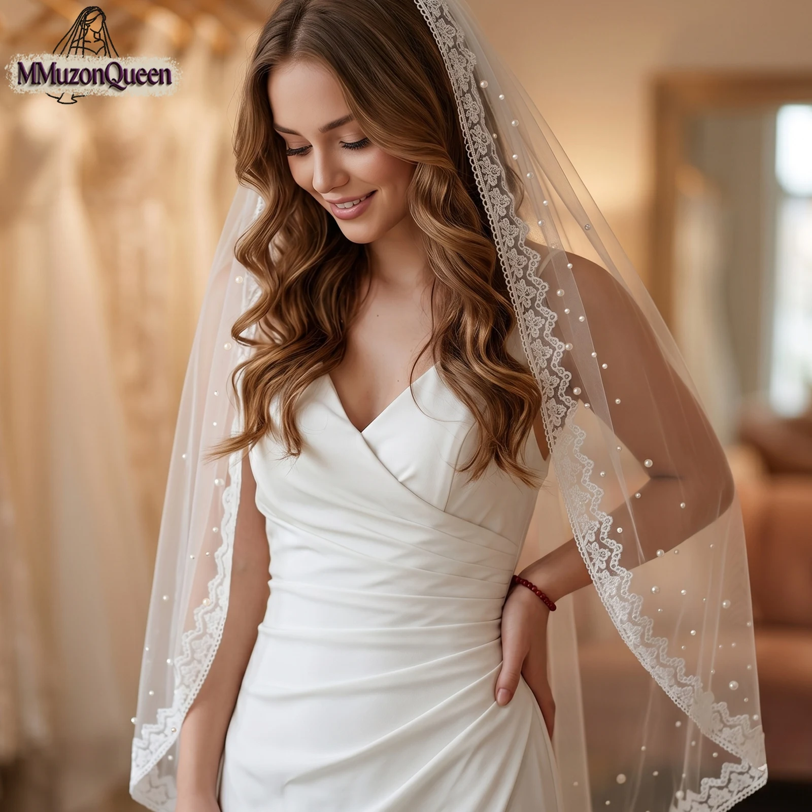 TOPQUEEN Elegante velo de encaje corto para novia, velo de novia de una sola capa con peineta, tocado de novia, V168