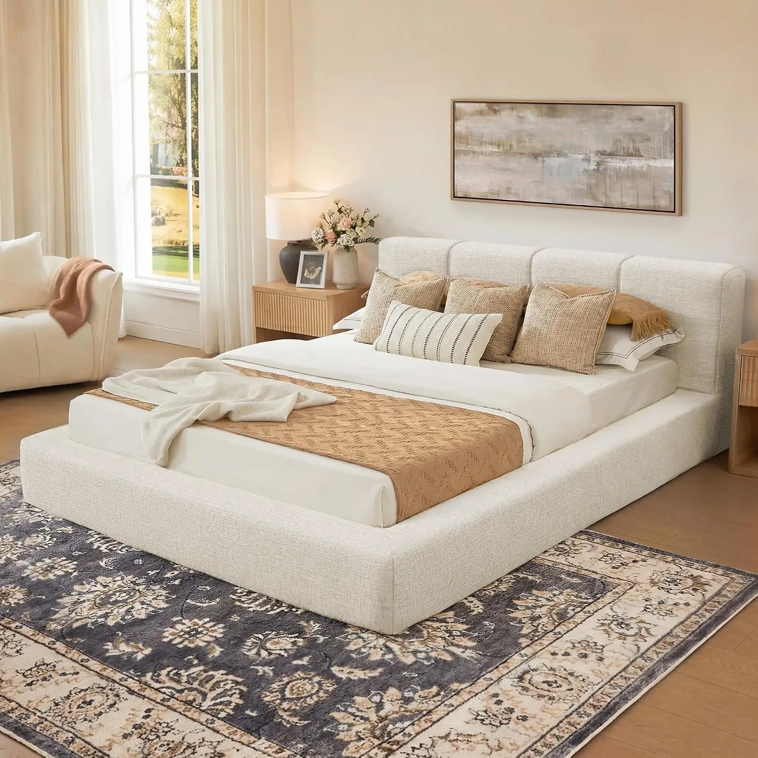 King Size Cloud Bed Frame with 6'' Headboard, 5.1'' Thick Foam Bed Frame with Culp Fabric Upholstered, Modern, Customized